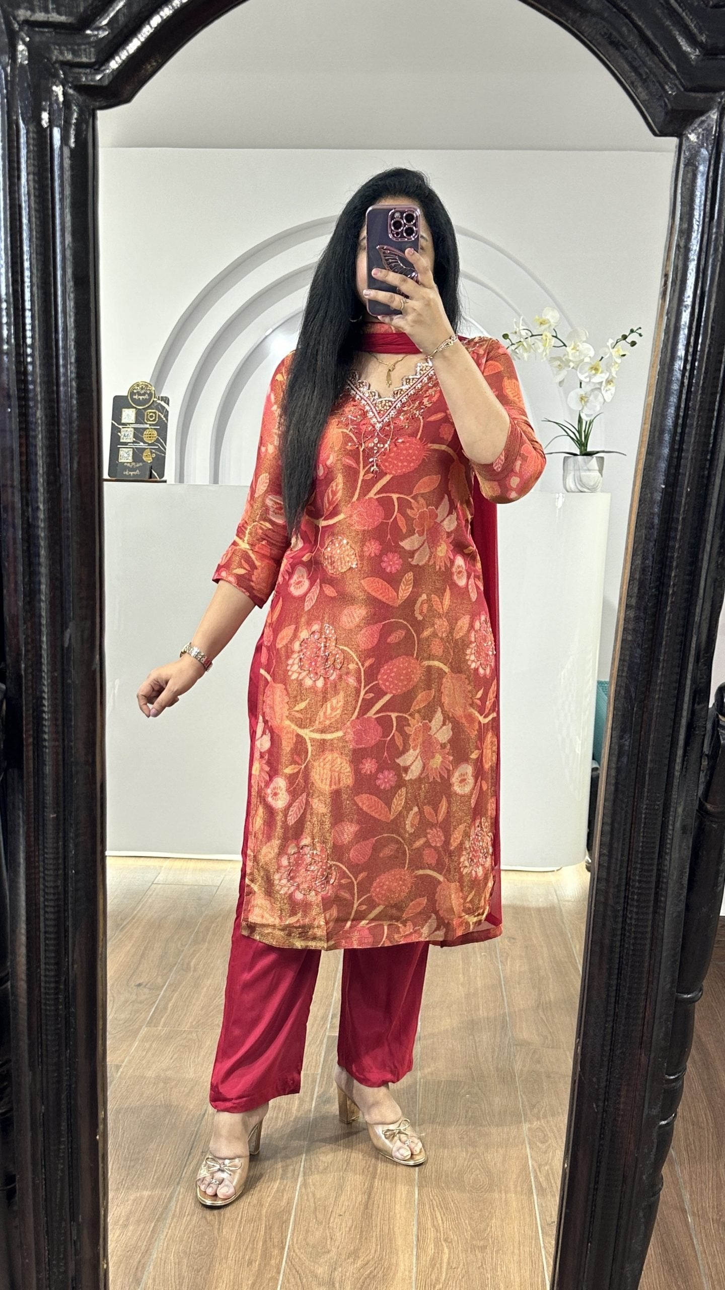 Red Tissue V Neck Kurti