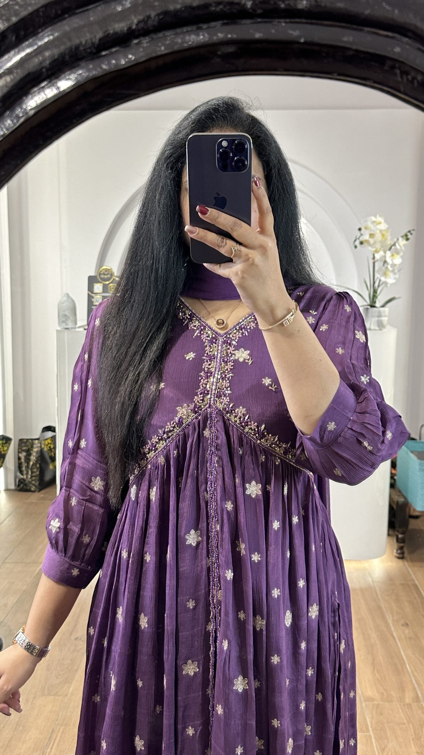 Wine handworked alia cut frock with embroidery