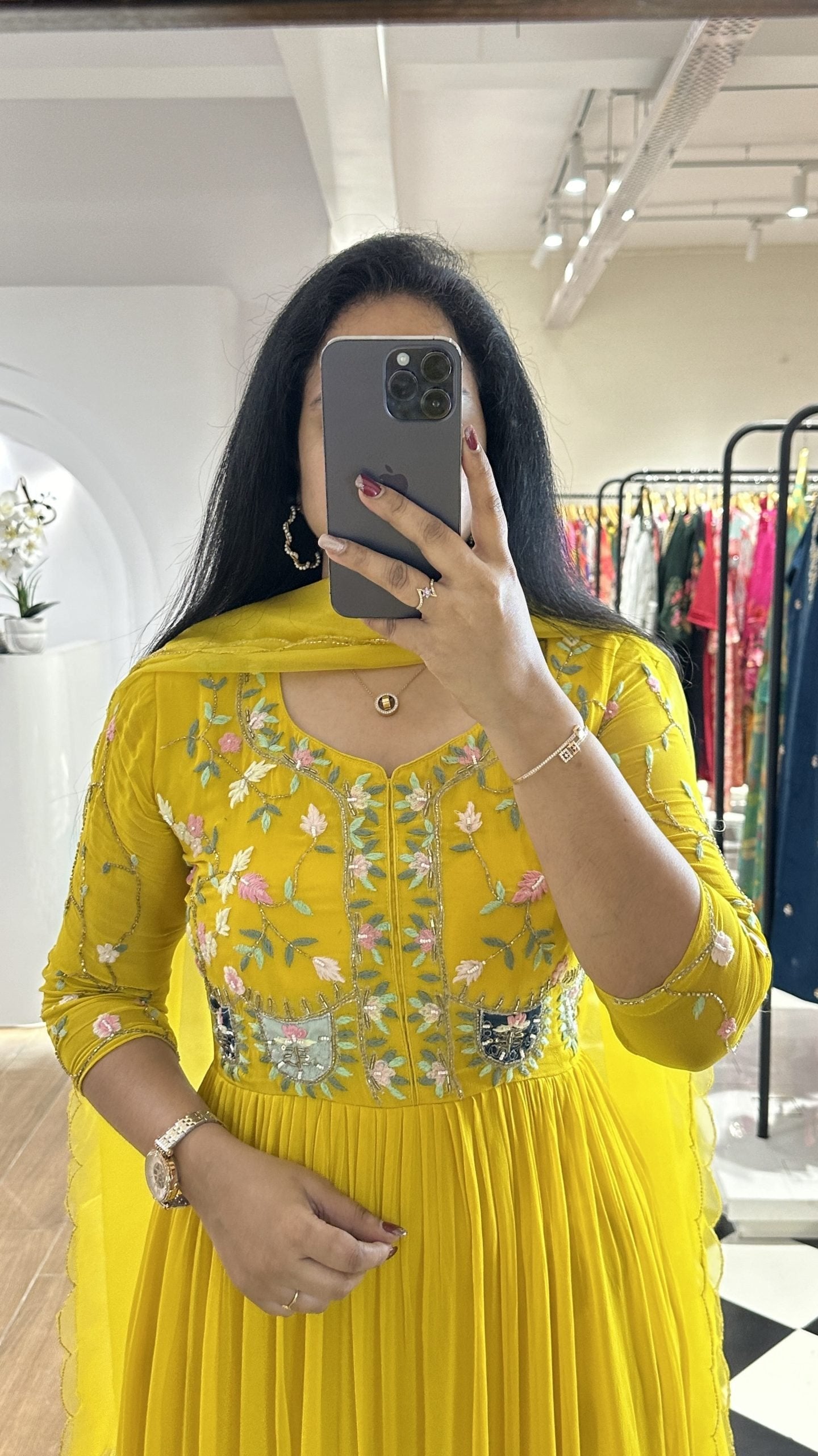 Yellow thread embroidered frock with cutbeads
