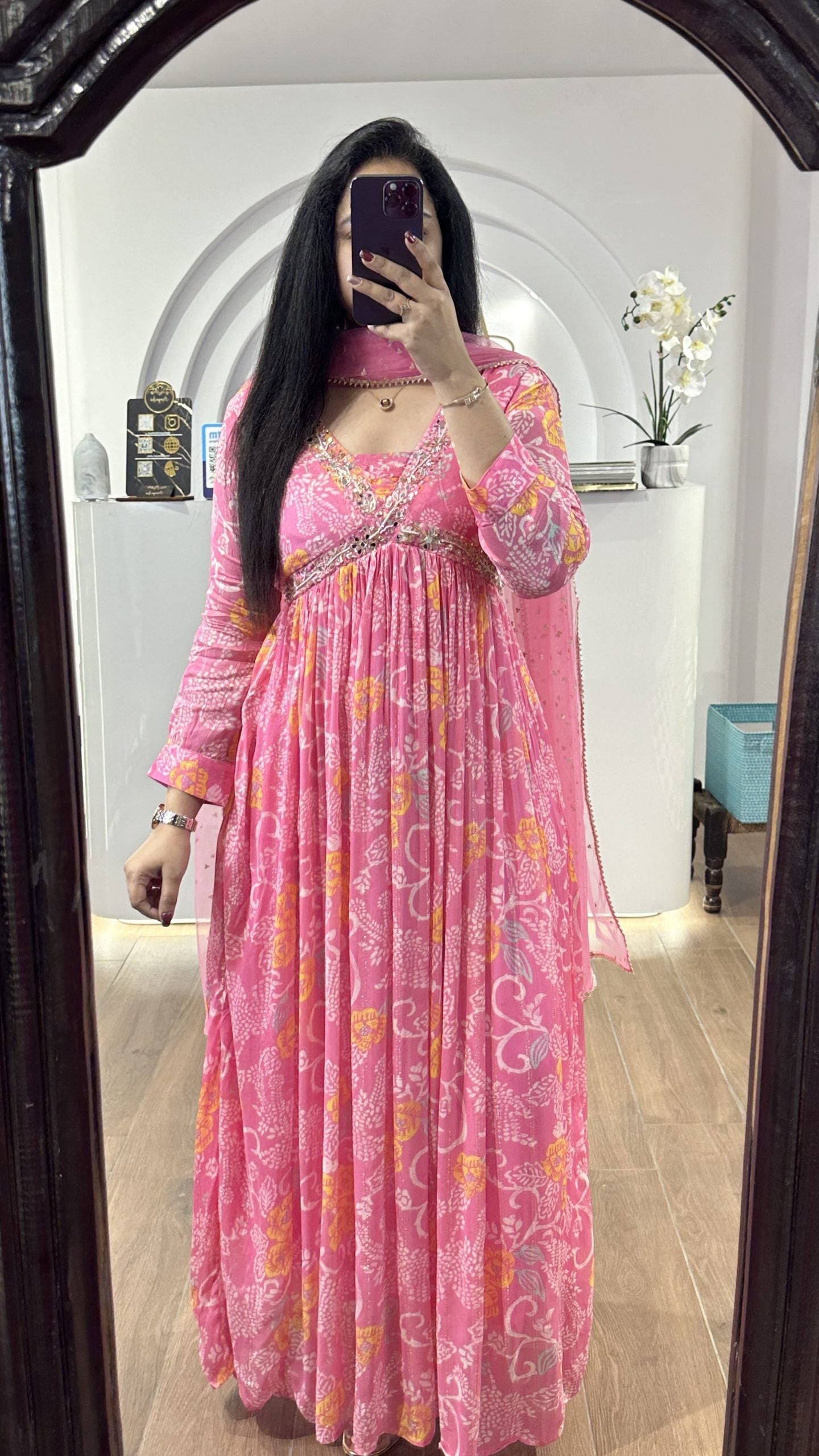 Baby Pink floral alia cut chinnon frock with embroidery