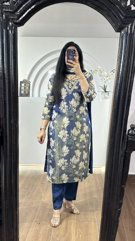 Blue & White Tissue V Neck Kurti