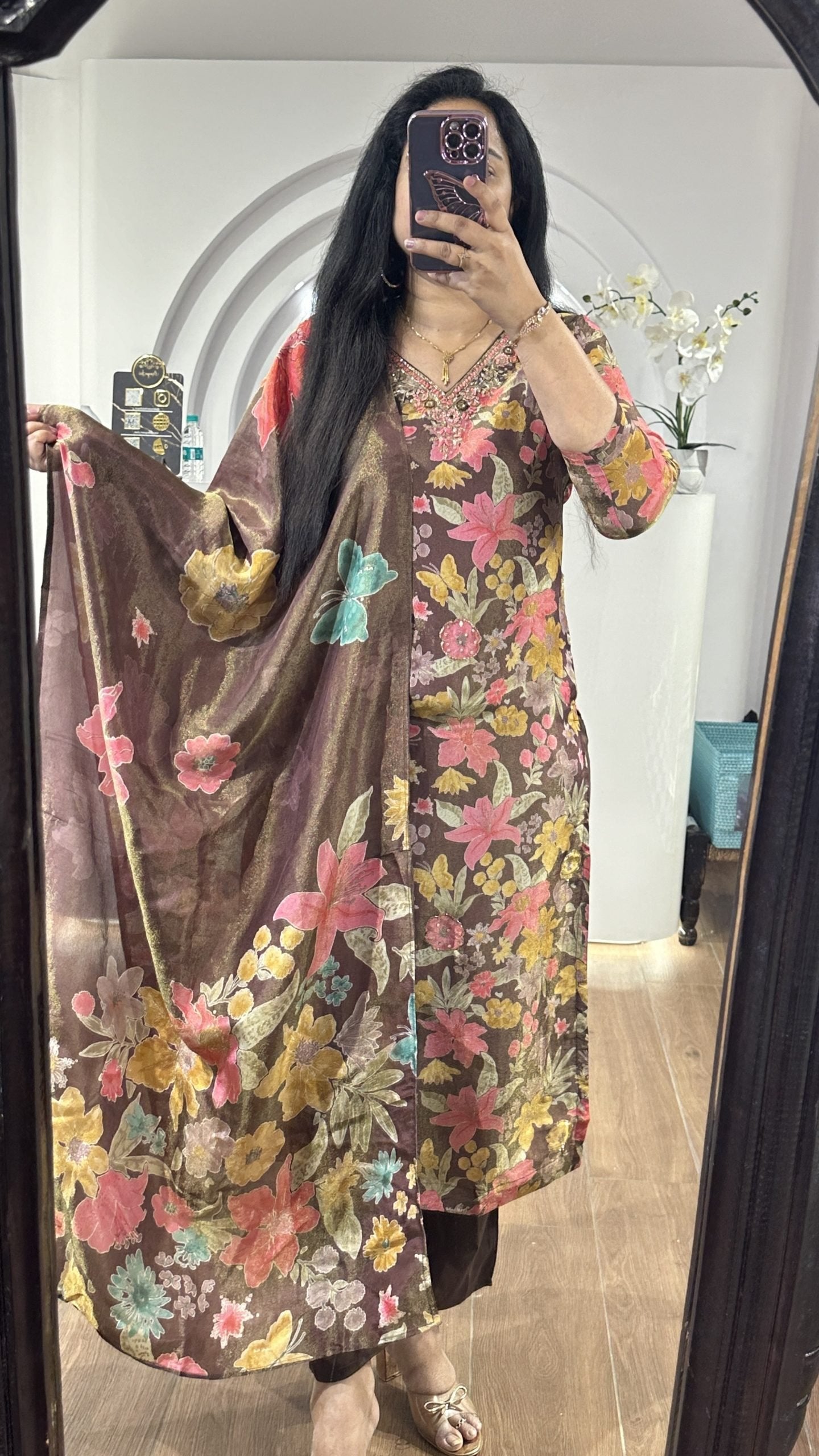 Brown & Multicolored Floral Tissue V Neck Kurti