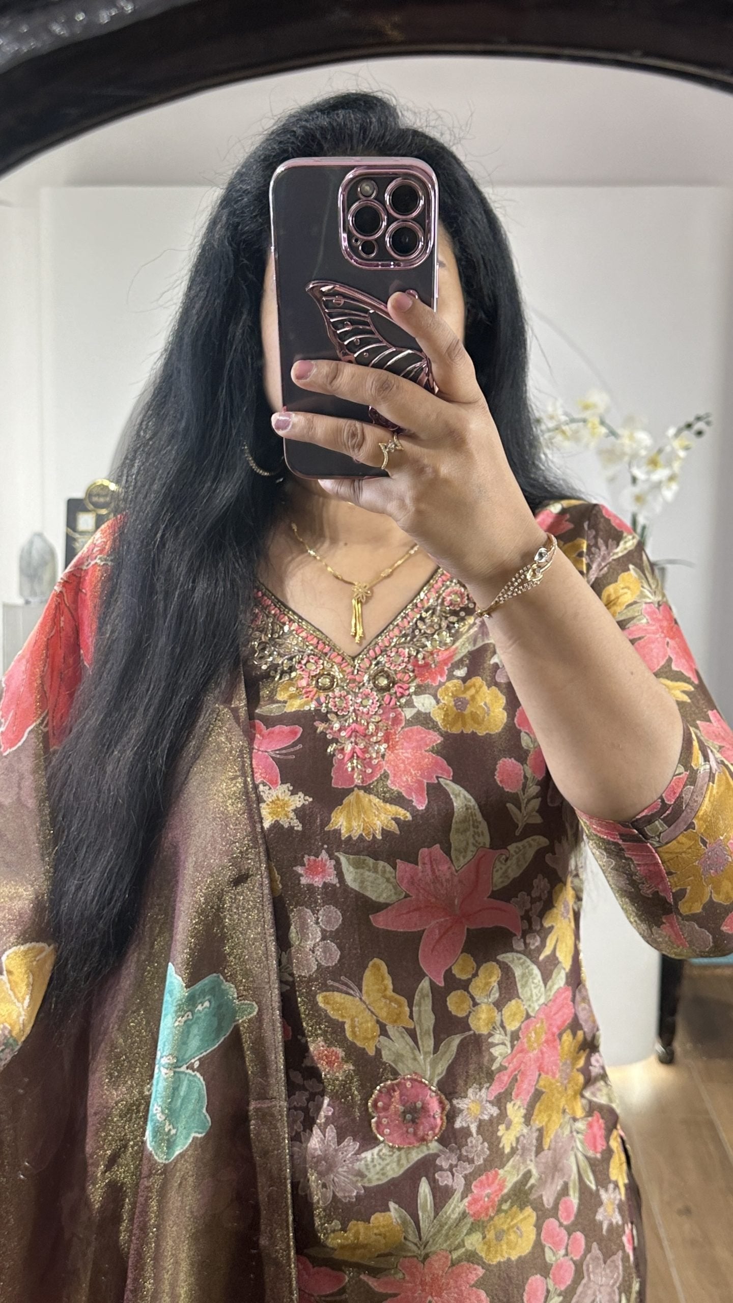 Brown & Multicolored Floral Tissue V Neck Kurti