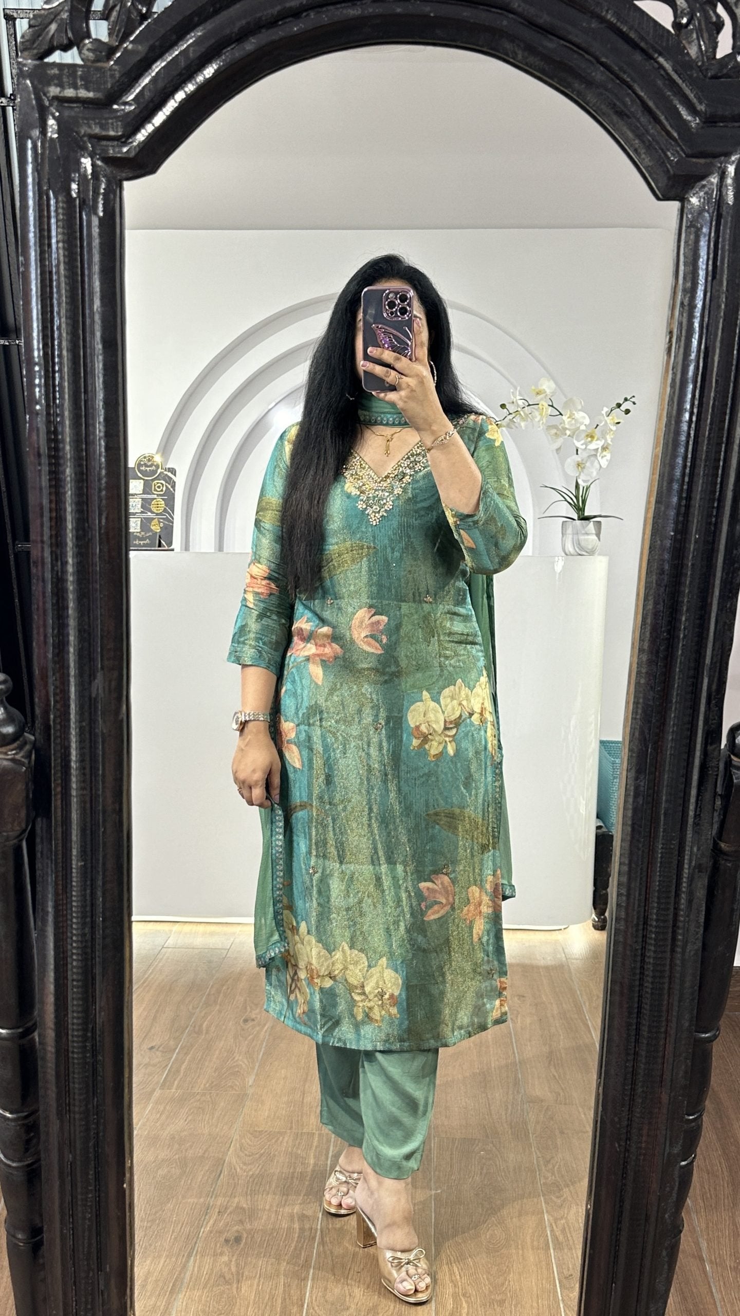 Green tissue V neck kurti with maggam work