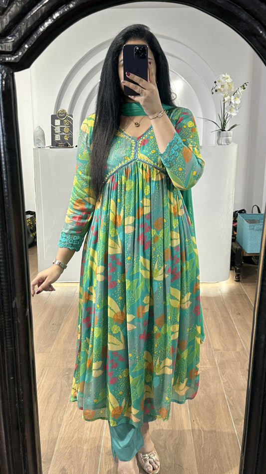 Green floral alia cut chinnon frock with embroidery