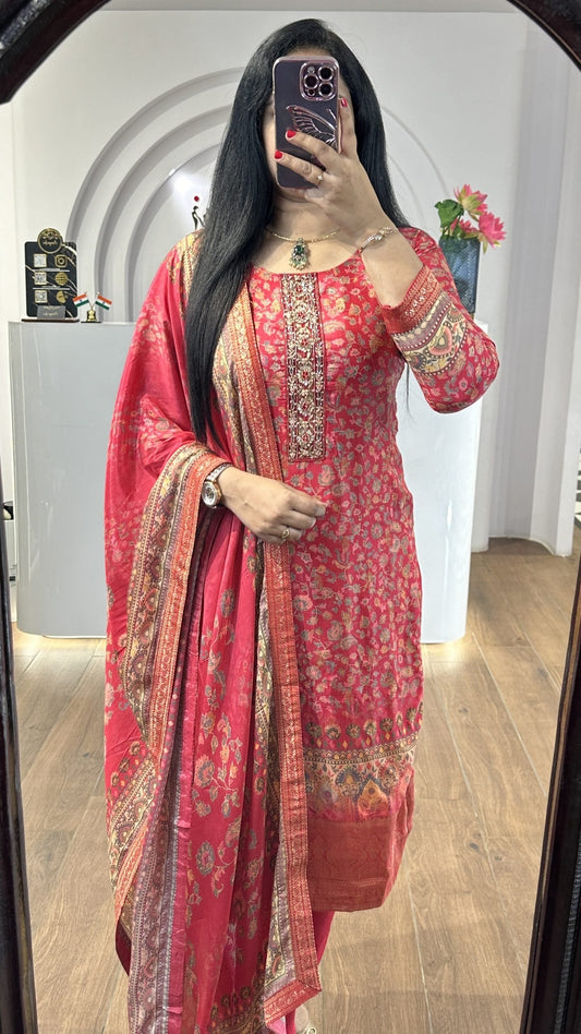 Red Handworked Round Neck Kurti (HK13)