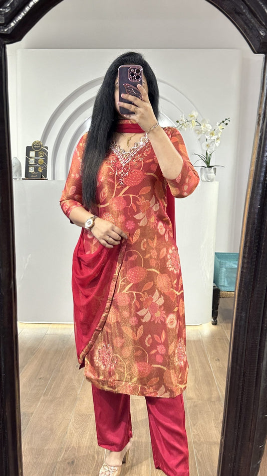 Red Tissue V Neck Kurti