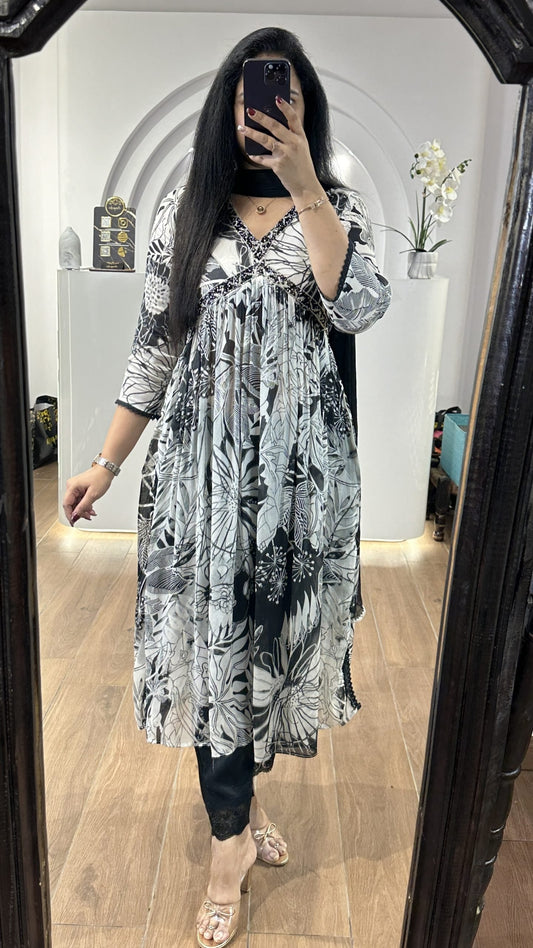White and black floral alia chinnon frock with embroidery
