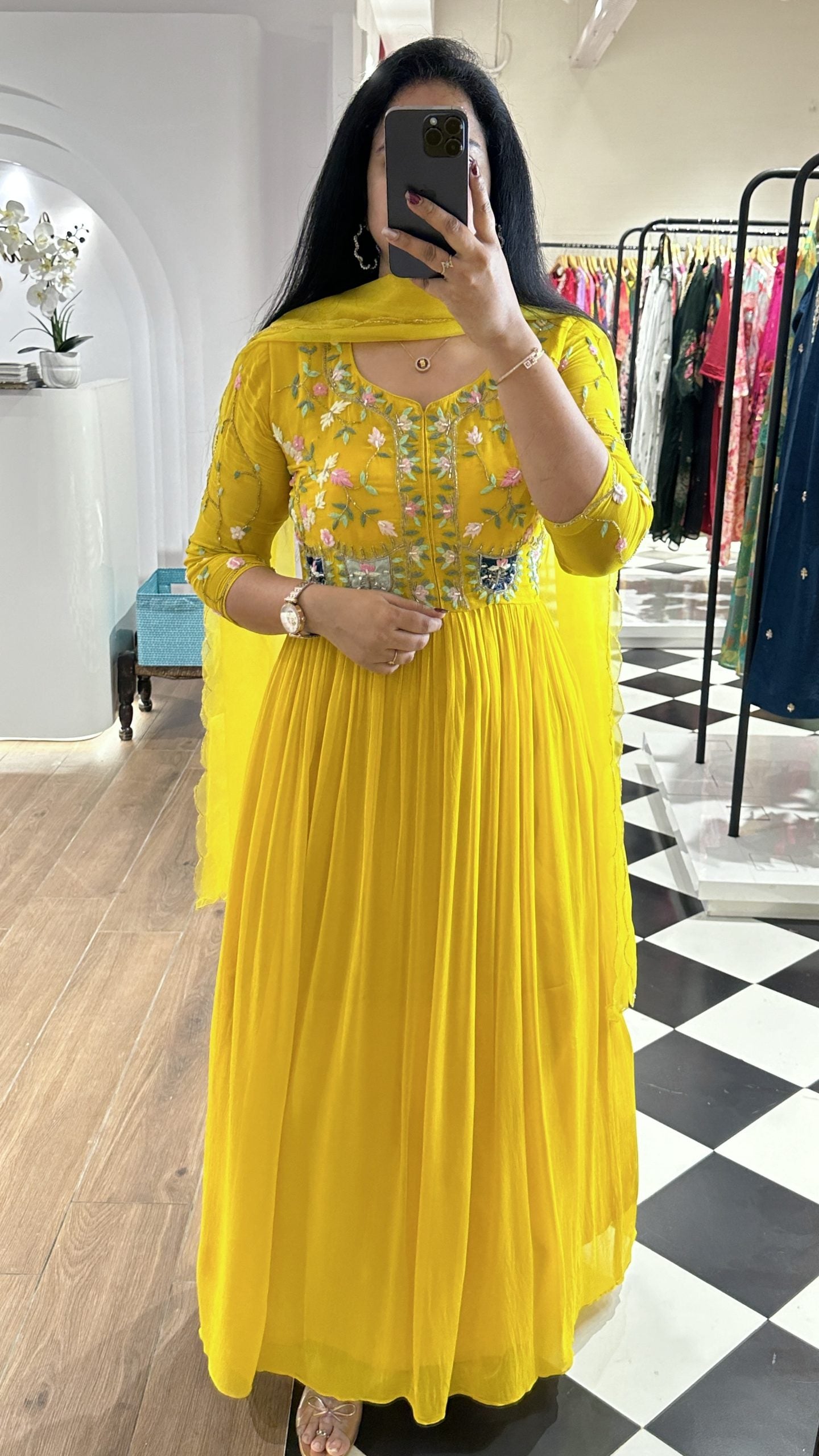 Yellow thread embroidered frock with cutbeads