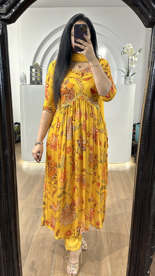 Yellow & Orange floral alia cut chinnon frock with embroidery
