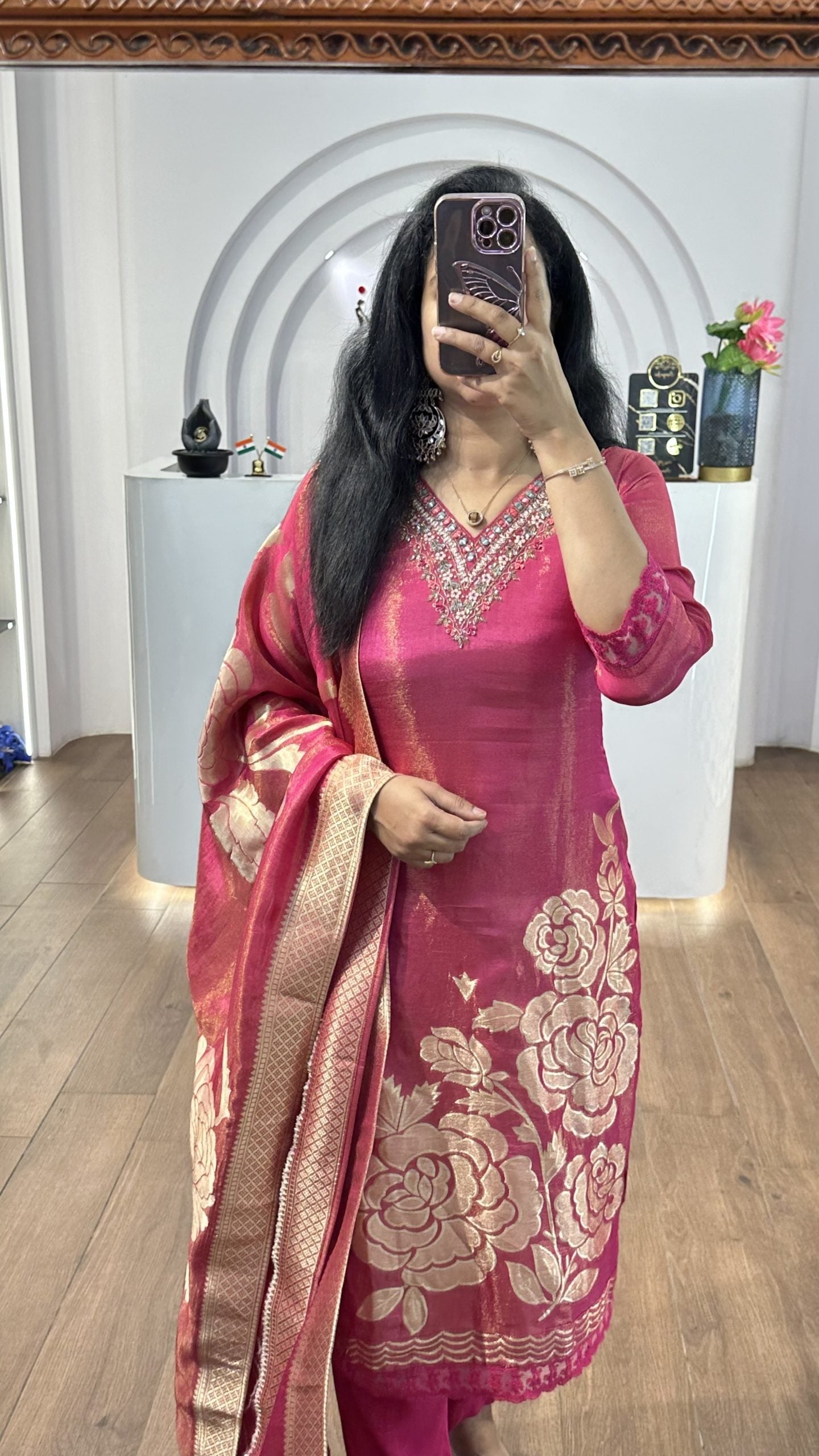 Pink Tissue Big Floral Handworked Kurti